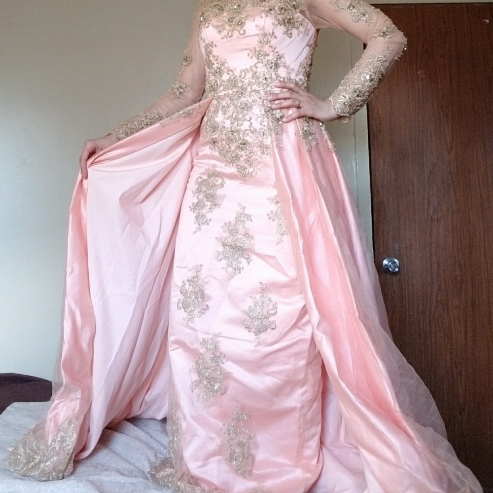 Pink two piece lace gown dress